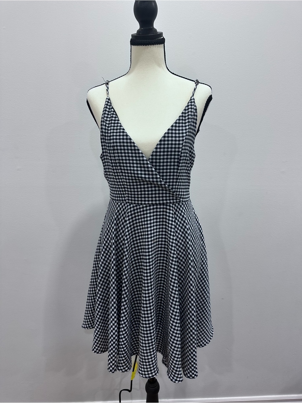 REVAMPED Black & White Gingham Wrap-Front Sundress Mini Dress V-Neck Size Large